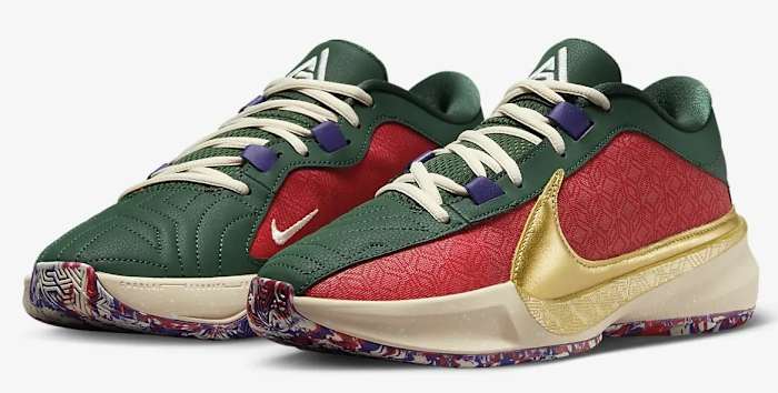 Side view of Giannis Antetokounmpo's green, red, and gold Nike shoes.